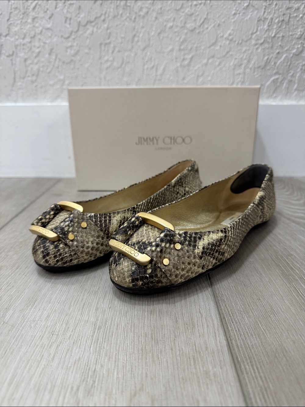 Jimmy Choo Metallic Beige Snake-Print Leather Ballet Flats with Gold Hardware